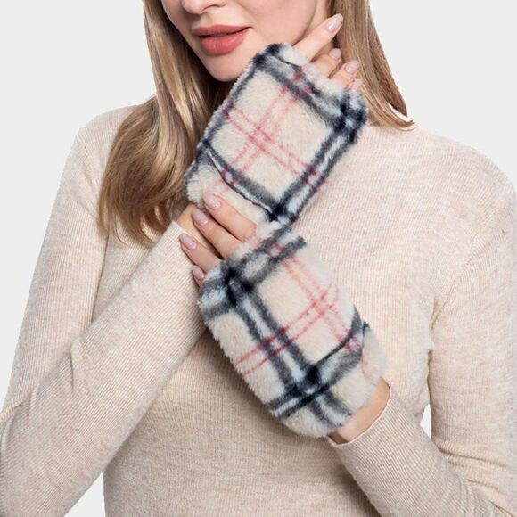 Plaid Check Patterned Faux Fur Fingerless Gloves NWT - Picture 1 of 5